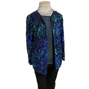 STUNNING Vintage Silk Jakelin Designs Bead Encrusted Blue & Green Evening Jck M